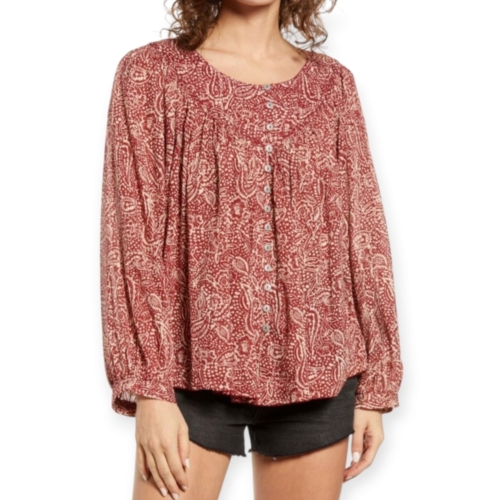 Free People We The Free Cool Meadow Swing Button Blouse in Sweet Cranberry Small